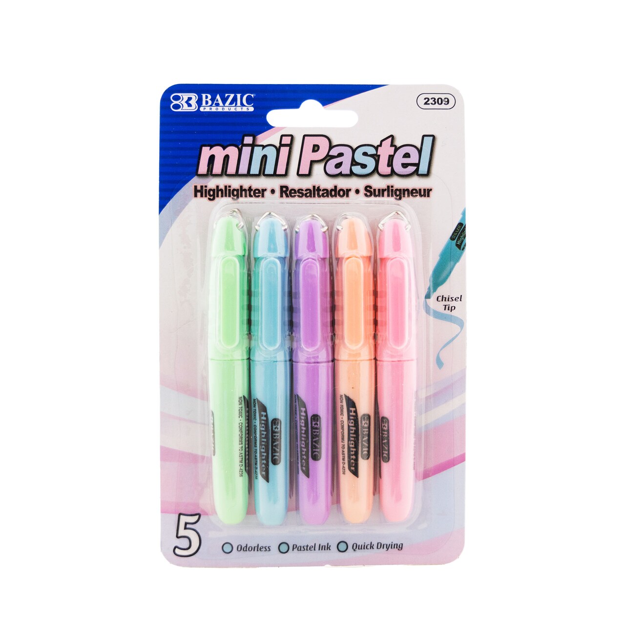 BAZIC Mini Pastel Assorted Colors Highlighter w/ Cap Clip (5/Pack)